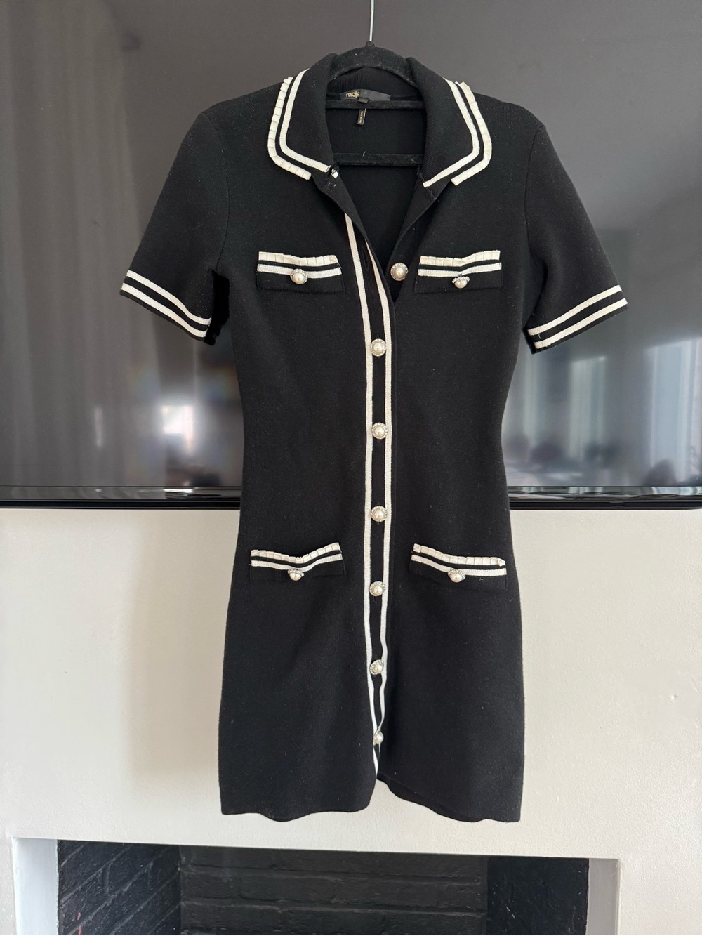 Maje black Short-Sleeve Knit Dress with White Trim